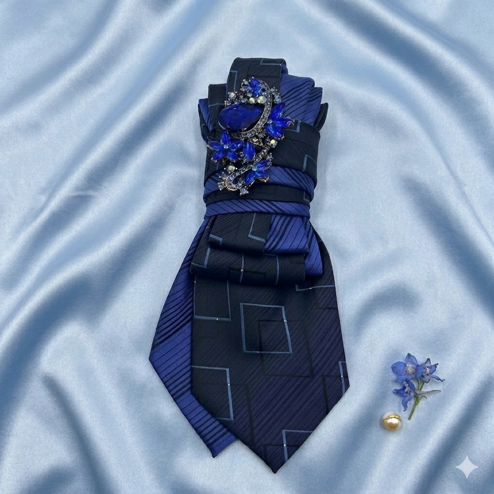 Handcrafted Repurposed Blue Silk Tie Statement Necklace with Rhinestone Brooch